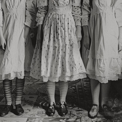 Disturbing yet captivating photograph of three girls wearing rabbit masks and vintage dresses, creating an eerie, cult-like scene.