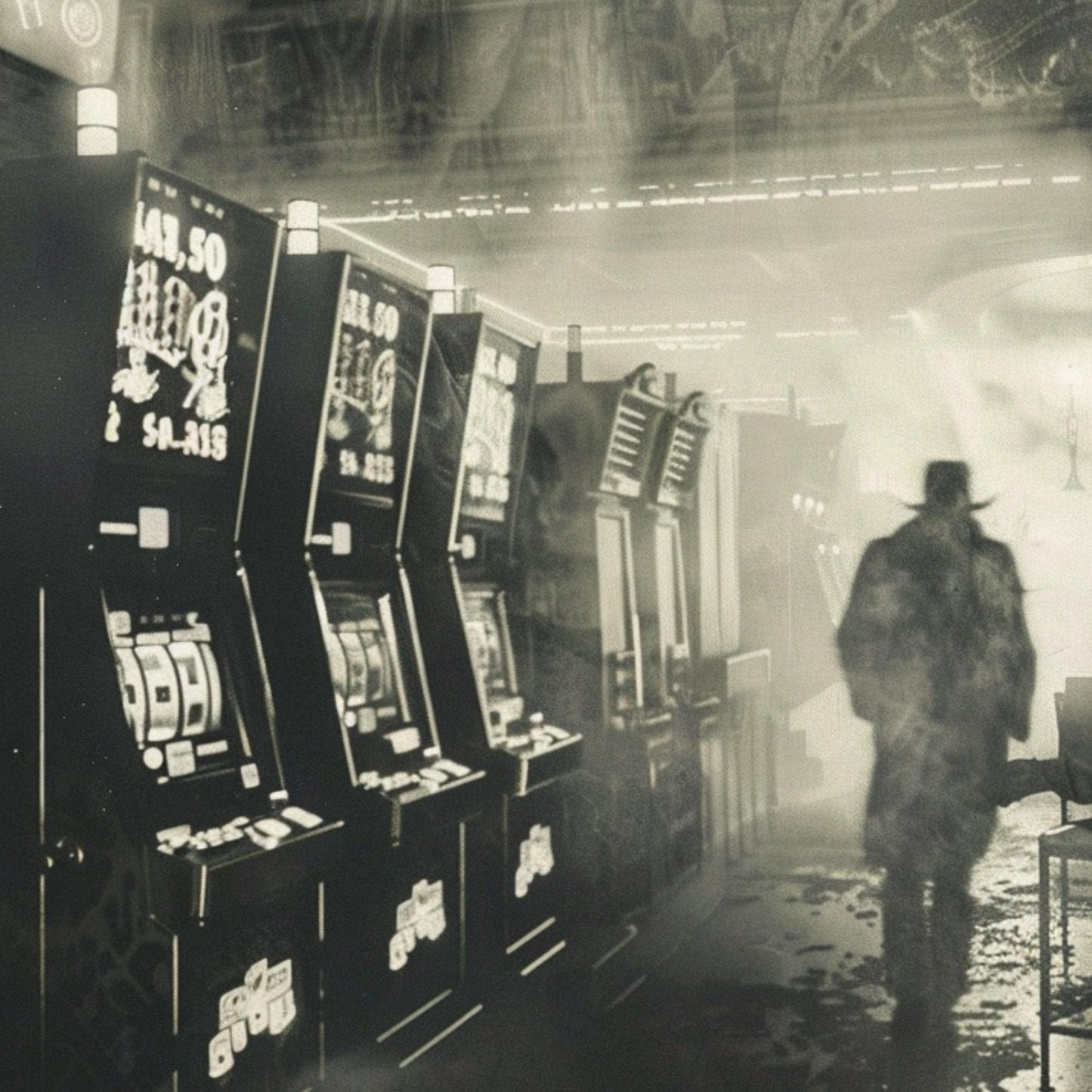 Eerie black-and-white photo of a ghost-like silhouette in a deserted casino with vintage slot machines
