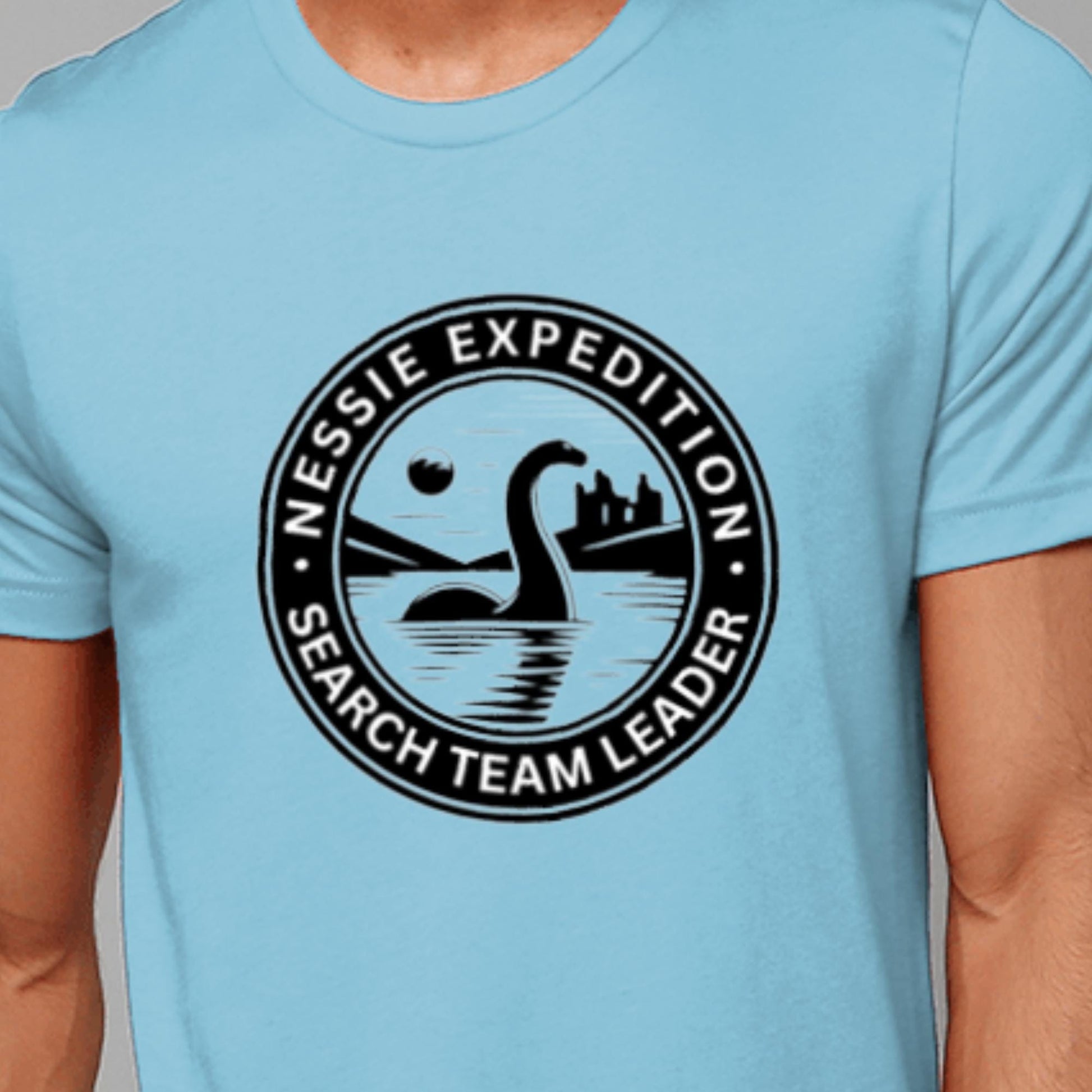 Nessie Expedition T-Shirt Design - A circular logo featuring Nessie, the Loch Ness Monster, rising from the water with a castle and moon in the background, perfect for cryptozoology enthusiasts.