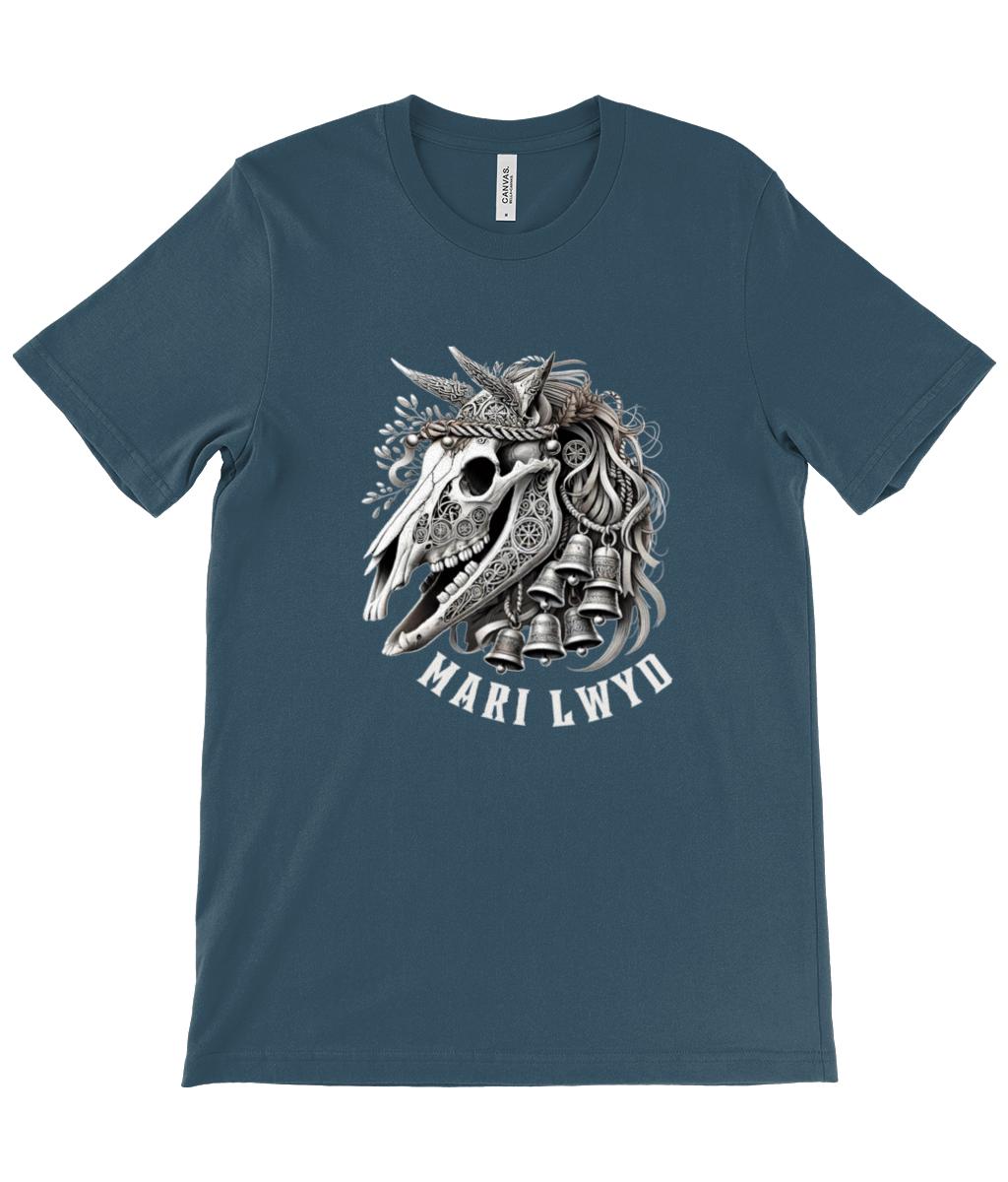 Detailed Mari Lwyd horse skull t-shirt design with festive bells and ribbons, inspired by Welsh tradition. The t shirt is available in black, teal, navy or forest green and sizes x small to 2 x large
