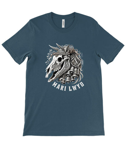 Detailed Mari Lwyd horse skull t-shirt design with festive bells and ribbons, inspired by Welsh tradition. The t shirt is available in black, teal, navy or forest green and sizes x small to 2 x large