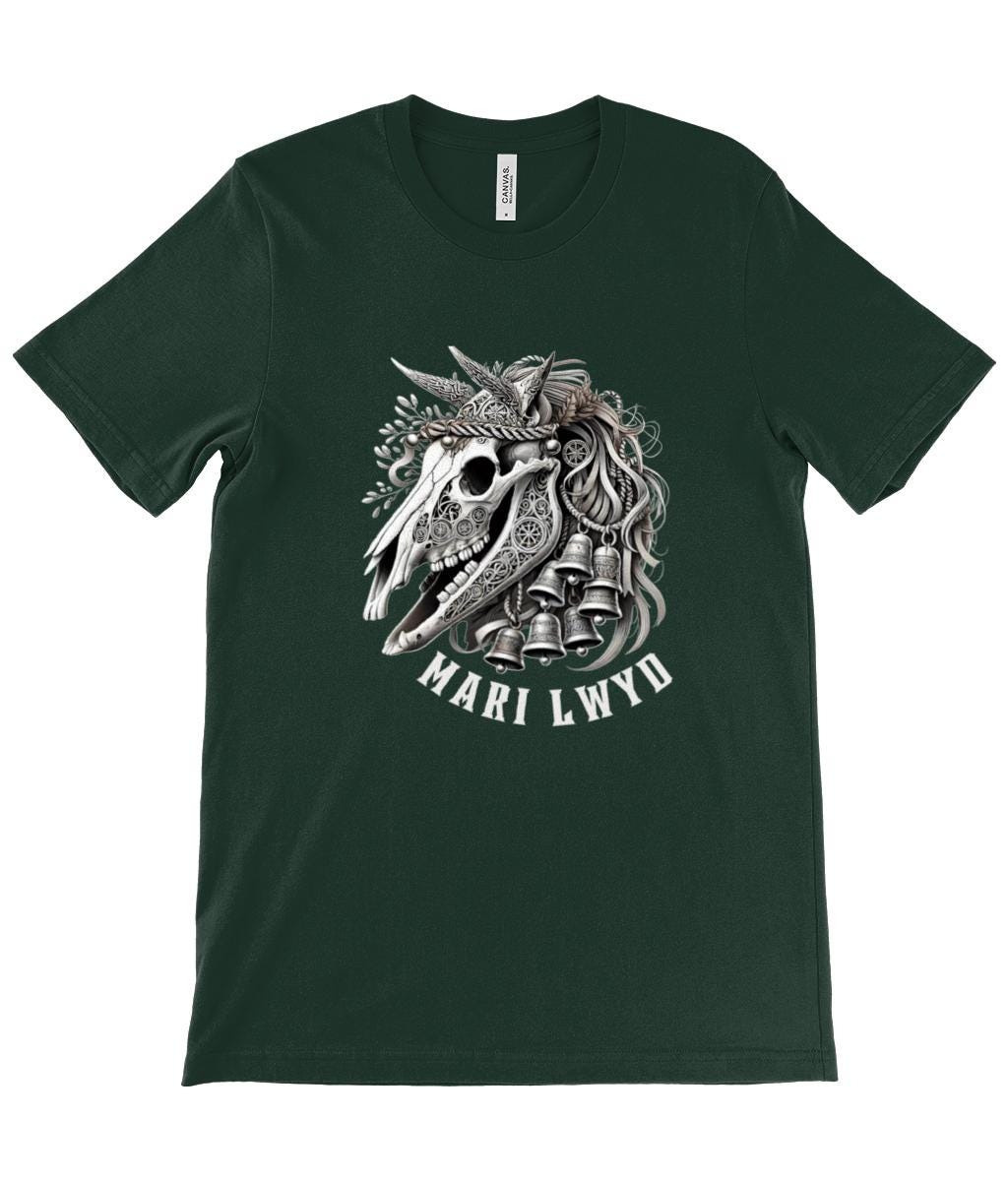 Unique Mari Lwyd horse skull design shirt with decorative bells and flowing ribbons, inspired by the rich history of Welsh folklore. Offered in black, teal, navy, or forest green, sizes XS to 2XL.