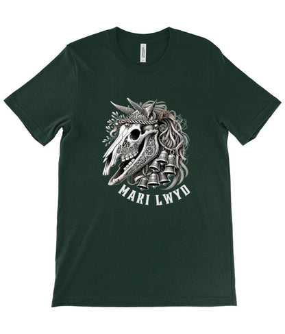 Unique Mari Lwyd horse skull design shirt with decorative bells and flowing ribbons, inspired by the rich history of Welsh folklore. Offered in black, teal, navy, or forest green, sizes XS to 2XL.