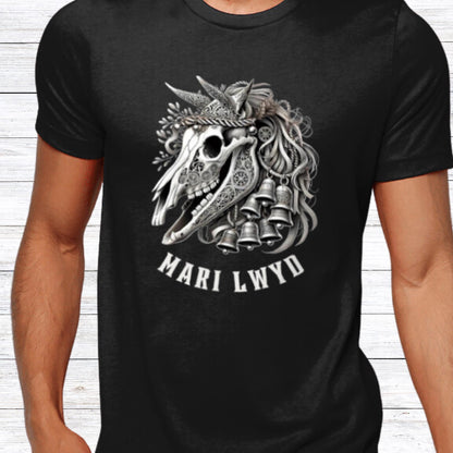 Unique Mari Lwyd horse skull design shirt with decorative bells and flowing ribbons, inspired by the rich history of Welsh folklore. Offered in black, teal, navy, or forest green, sizes XS to 2XL.