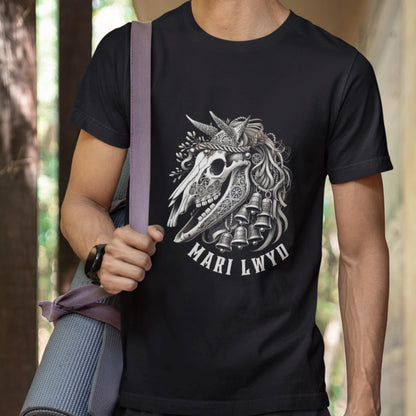 ntricate Mari Lwyd horse skull graphic tee adorned with holiday bells and ribbons, rooted in Welsh folklore. Available in black, teal, navy, or forest green, and sizes XS to 2XL