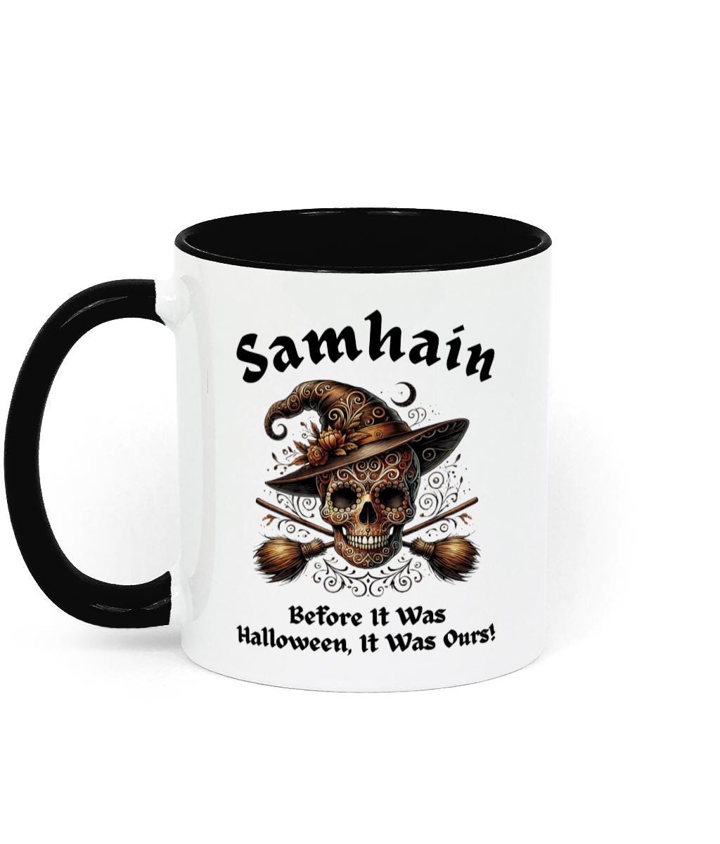 Ceramic mug with a witchy skull design, ideal for Wiccans, pagans, and lovers of occult symbolism