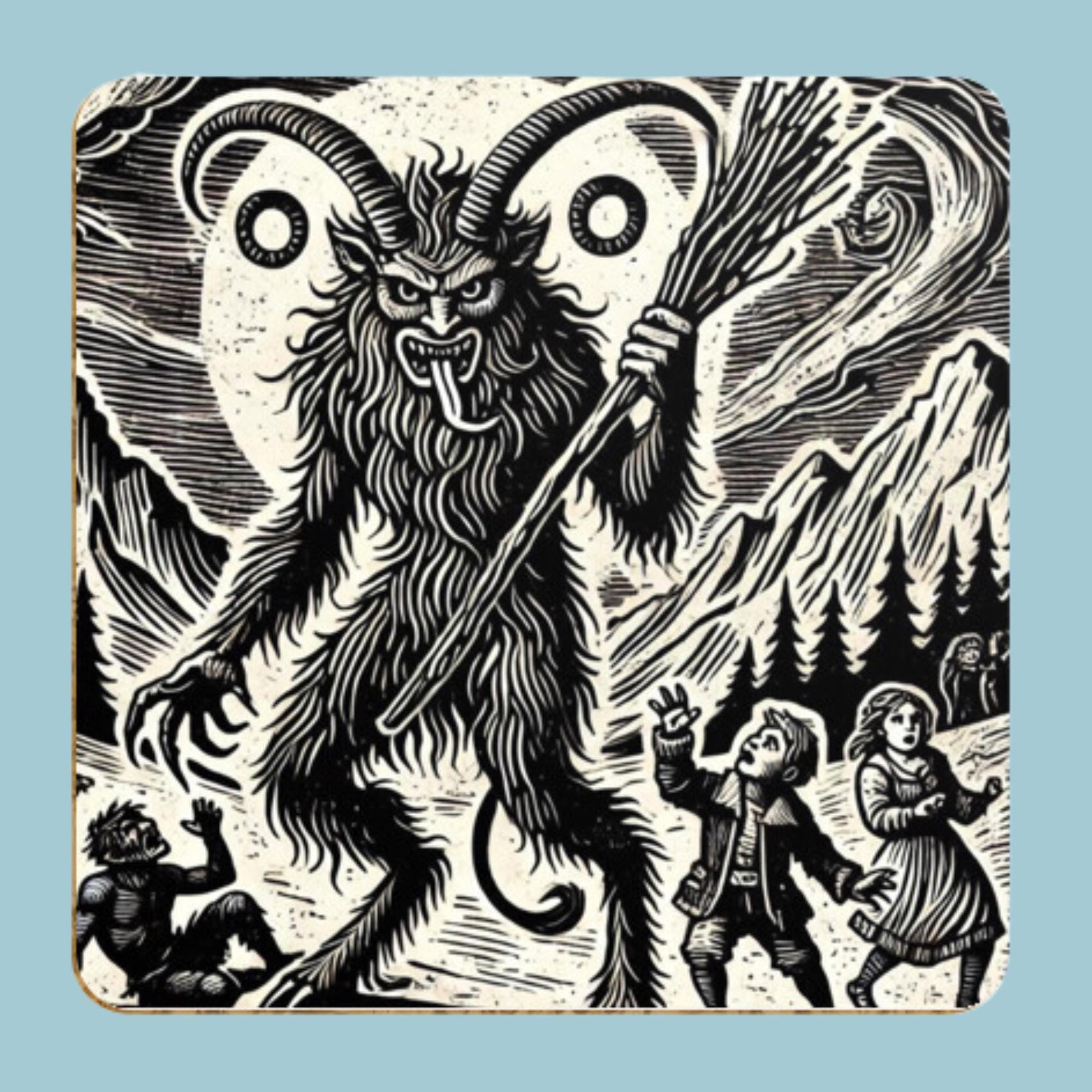 set of four coasters depicting Krampus in woodcut images, witchy gifts, Halloween, Christmas