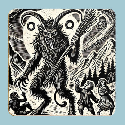 set of four coasters depicting Krampus in woodcut images, witchy gifts, Halloween, Christmas