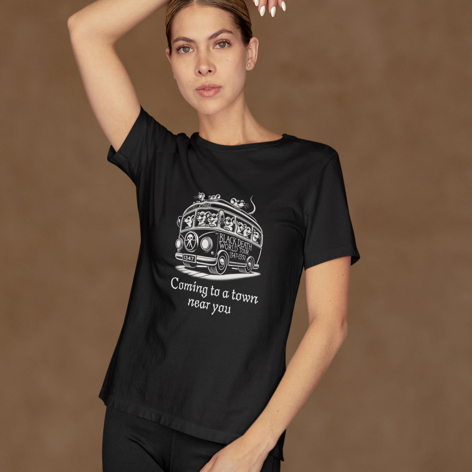 Vintage tour bus t-shirt featuring ominous rats, celebrating the Black Death World Tour 1347-1351 perfect for fans of gothic aesthetics, rock music lovers, and those who appreciate unique, daring fashion statements.