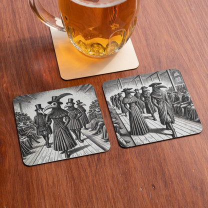 Pack of 4 Coasters Plague Doctors, Black Death Coasters, Bubonic Plague, Dark Academia, Gothic Decor, Folk Horror Drinks Mats Bird Mask Mats