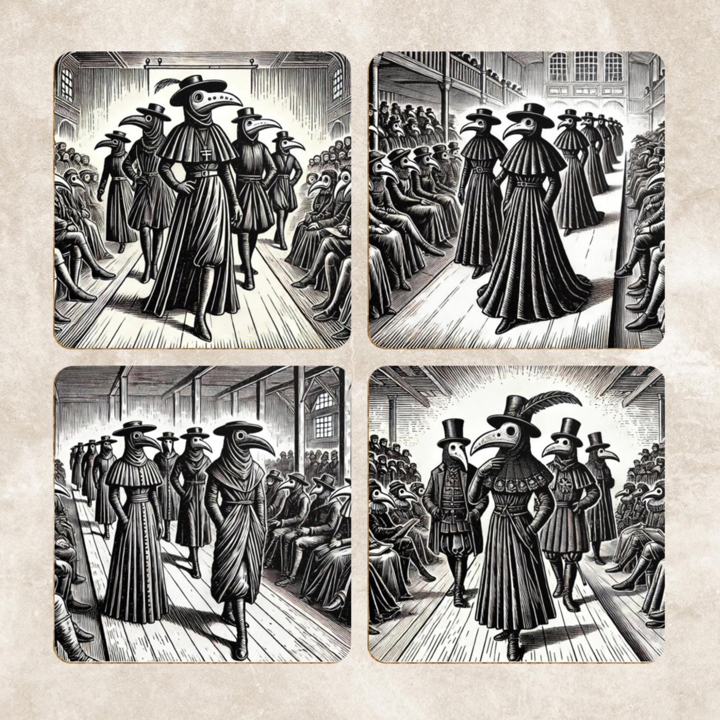 Pack of 4 Coasters Plague Doctors, Black Death Coasters, Bubonic Plague, Dark Academia, Gothic Decor, Folk Horror Drinks Mats Bird Mask Mats
