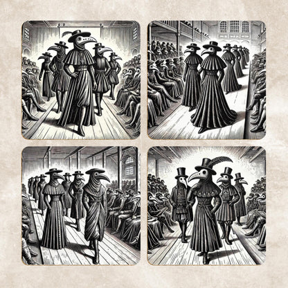 Pack of 4 Coasters Plague Doctors, Black Death Coasters, Bubonic Plague, Dark Academia, Gothic Decor, Folk Horror Drinks Mats Bird Mask Mats