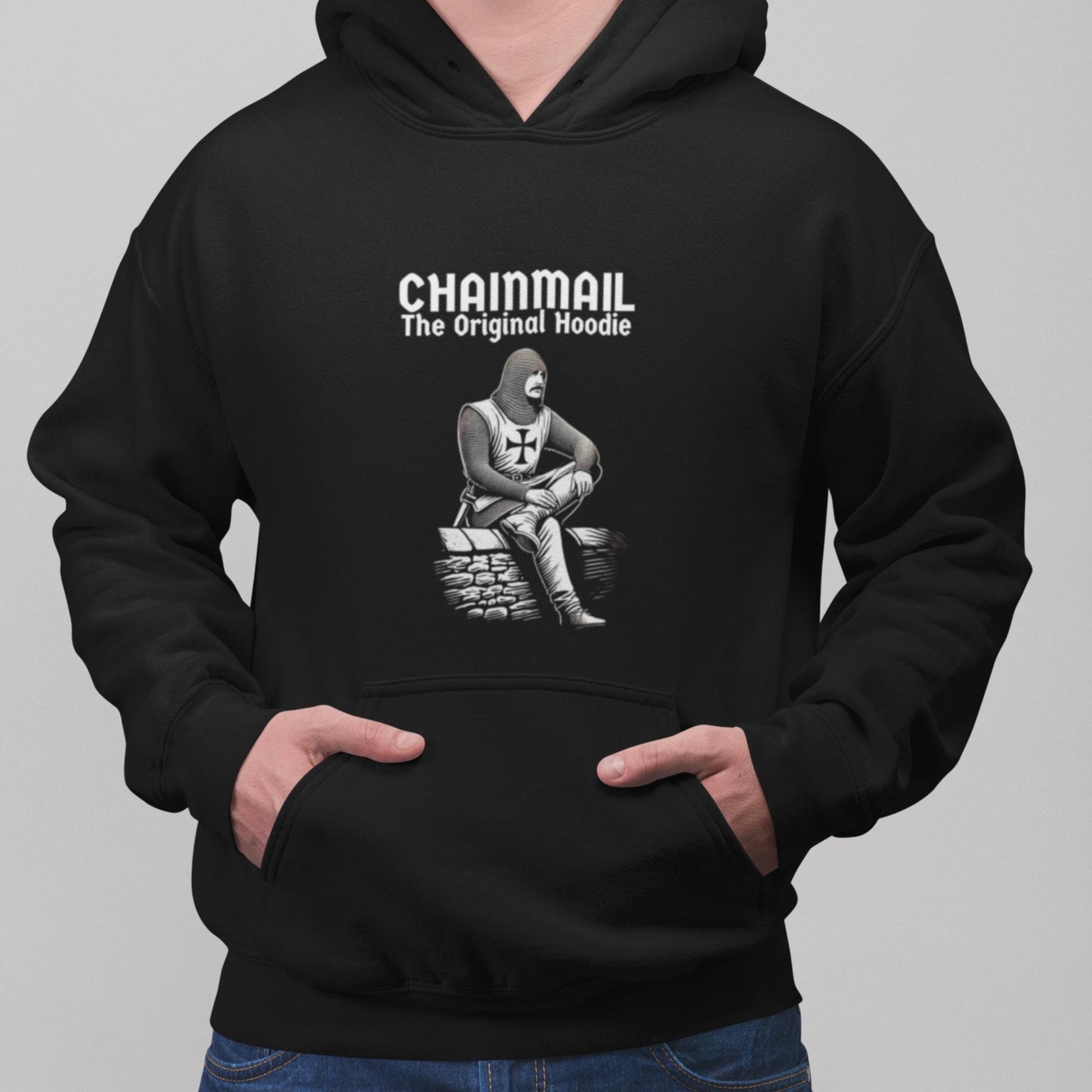 Black hoodie with a white-on-black design of medieval knight in chainmail armour. Slogan: Chainmail, the original hoodie. Sarcastic medieval humour. Medieval Warrior Hoodie.
Chainmail Armour Art.
Historical Hoodie Design. Medieval Knight Illustration