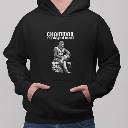 Black hoodie with a white-on-black design of medieval knight in chainmail armour. Slogan: Chainmail, the original hoodie. Sarcastic medieval humour. Medieval Warrior Hoodie.
Chainmail Armour Art.
Historical Hoodie Design. Medieval Knight Illustration