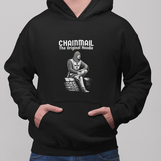 Black hoodie with a white-on-black design of medieval knight in chainmail armour. Slogan: Chainmail, the original hoodie. Sarcastic medieval humour. Medieval Warrior Hoodie.
Chainmail Armour Art.
Historical Hoodie Design. Medieval Knight Illustration