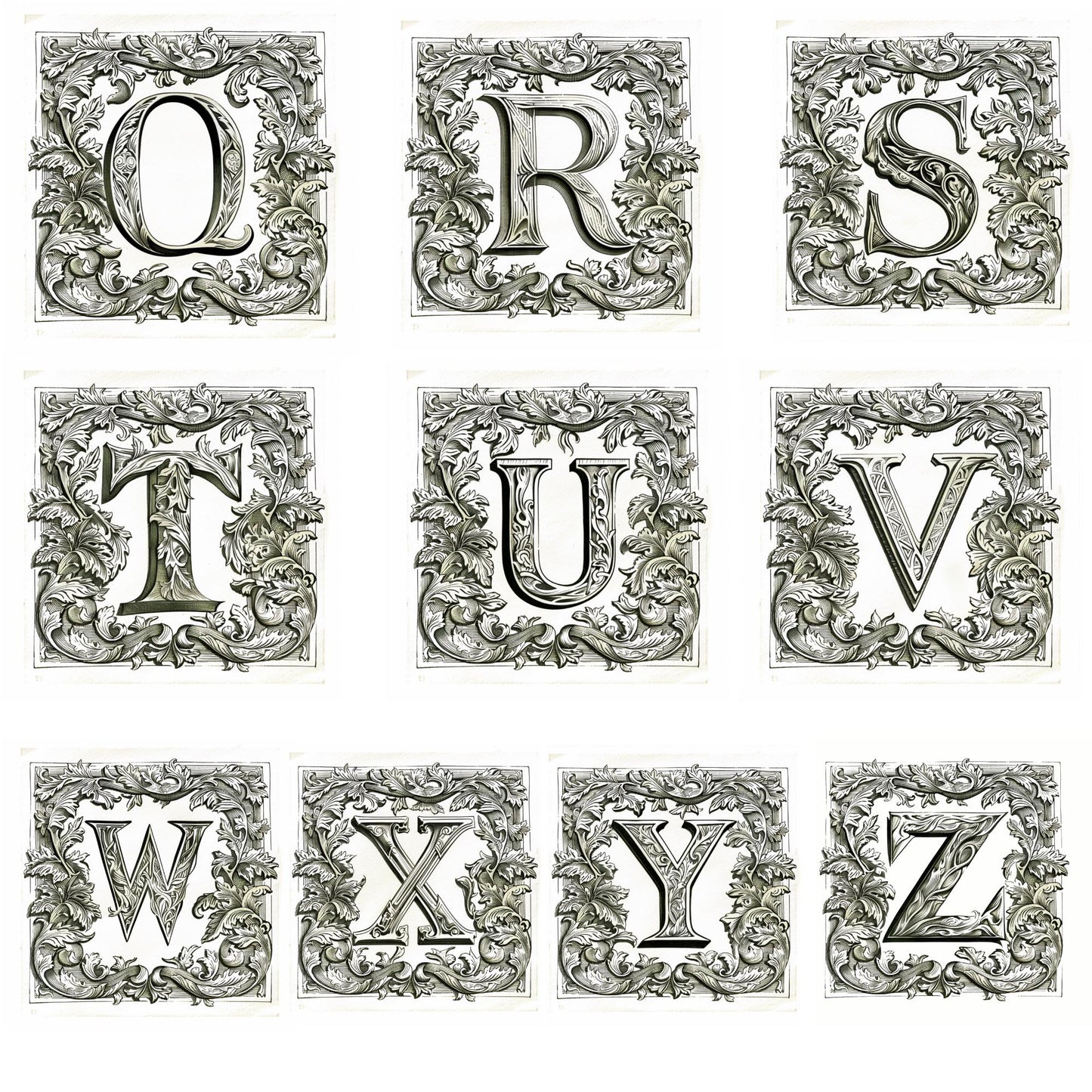 Vintage-inspired white mug showcasing an illuminated manuscript-style letter from A-Z, with elaborate calligraphic details