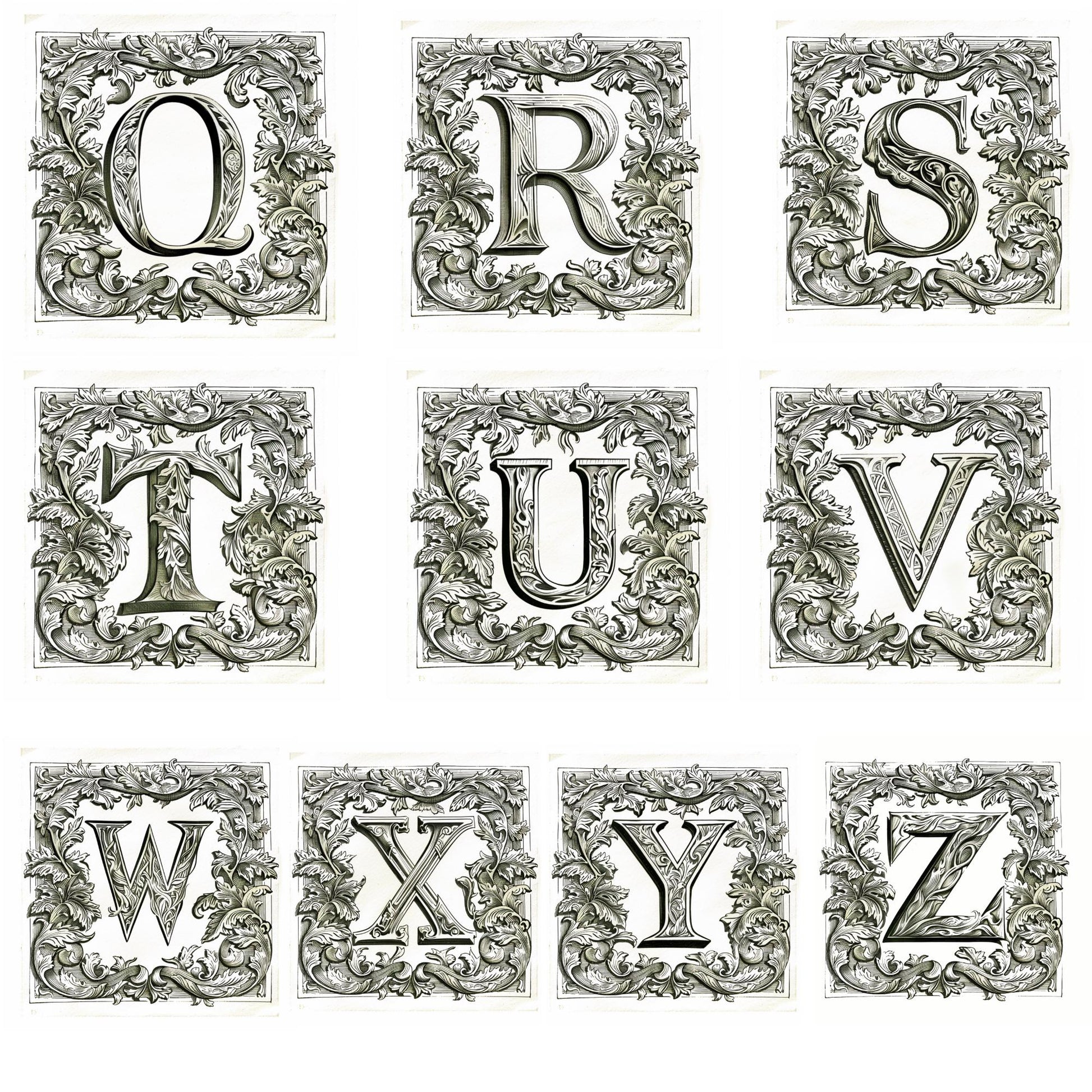 Vintage-inspired white mug showcasing an illuminated manuscript-style letter from A-Z, with elaborate calligraphic details