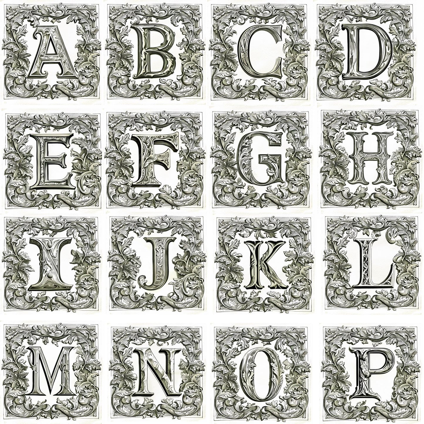 Elegant white mug decorated with any letter, styled in illuminated manuscript fashion, showcasing exquisite vintage calligraphy