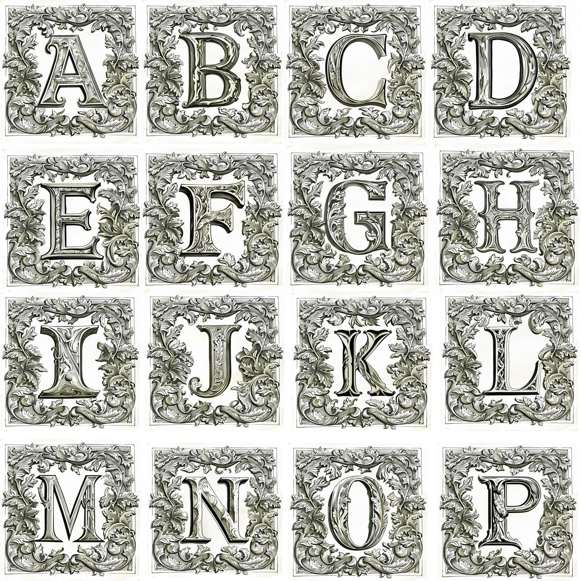 Elegant white mug decorated with any letter, styled in illuminated manuscript fashion, showcasing exquisite vintage calligraphy