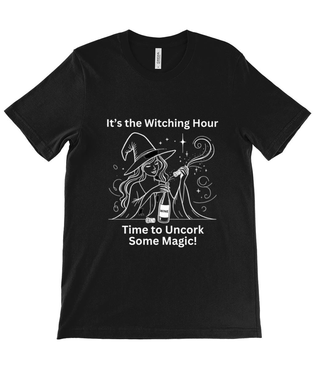 Celebrate the witching hour in style with this comfortable unisex tee, showcasing a whimsical witch and wine design