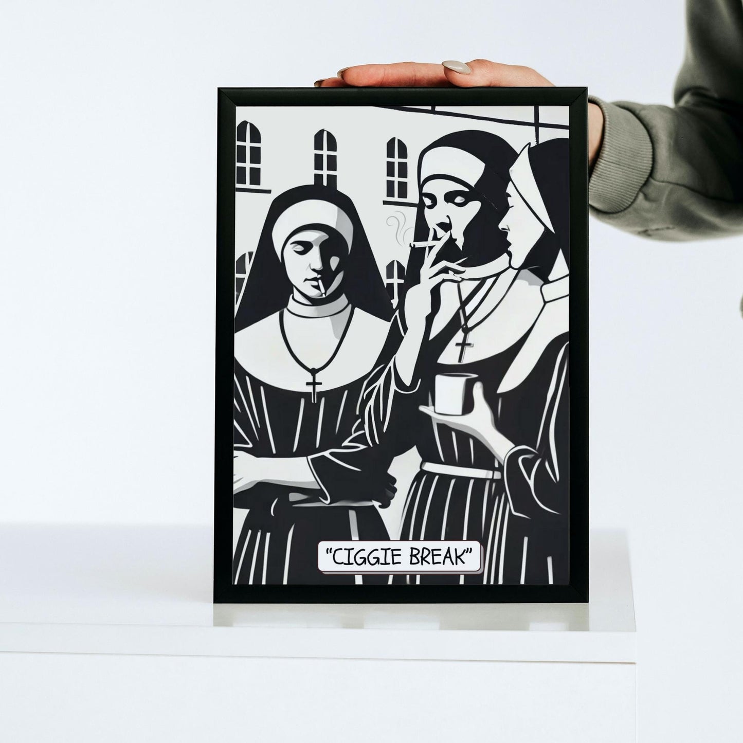 Nuns in traditional habits, taking a &#39;Ciggie Break,&#39; a satirical depiction that plays on the stereotype of pious life within the Roman Catholic Church