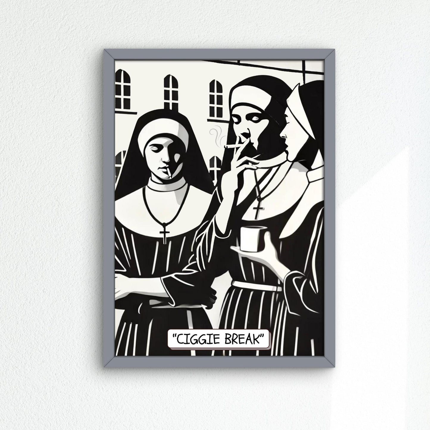 Illustration of Roman Catholic nuns casually smoking, titled &#39;Ciggie Break,&#39; blending humour with a subversive take on religious life inside a nunnery