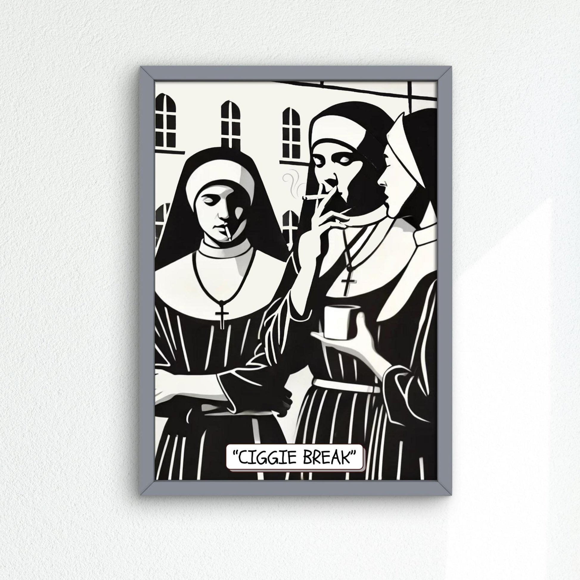 Illustration of Roman Catholic nuns casually smoking, titled &#39;Ciggie Break,&#39; blending humour with a subversive take on religious life inside a nunnery