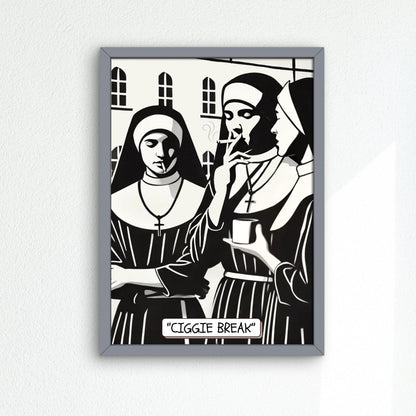 Illustration of Roman Catholic nuns casually smoking, titled &#39;Ciggie Break,&#39; blending humour with a subversive take on religious life inside a nunnery
