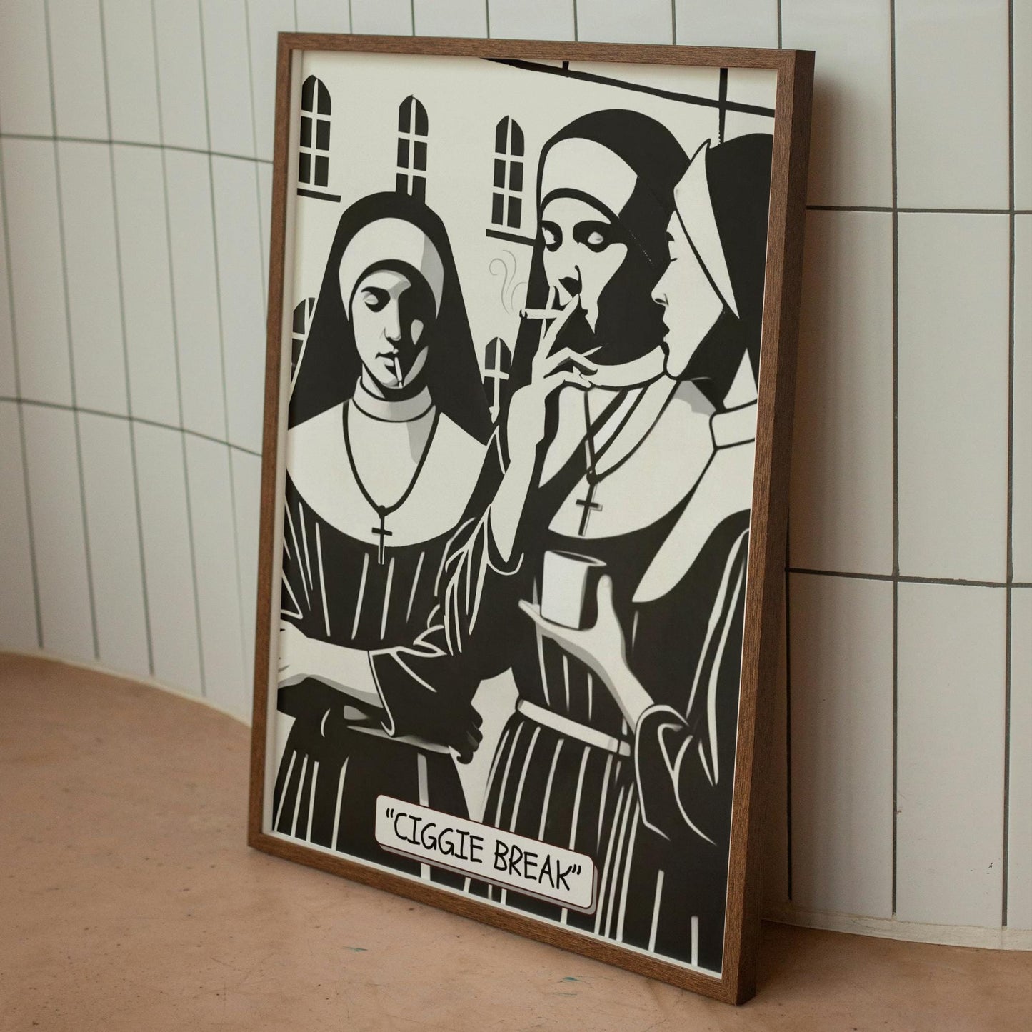 Nuns enjoying a casual smoke, in a print titled &#39;Ciggie Break,&#39; which humorously juxtaposes the piety of the Roman Catholic Church with the mundane