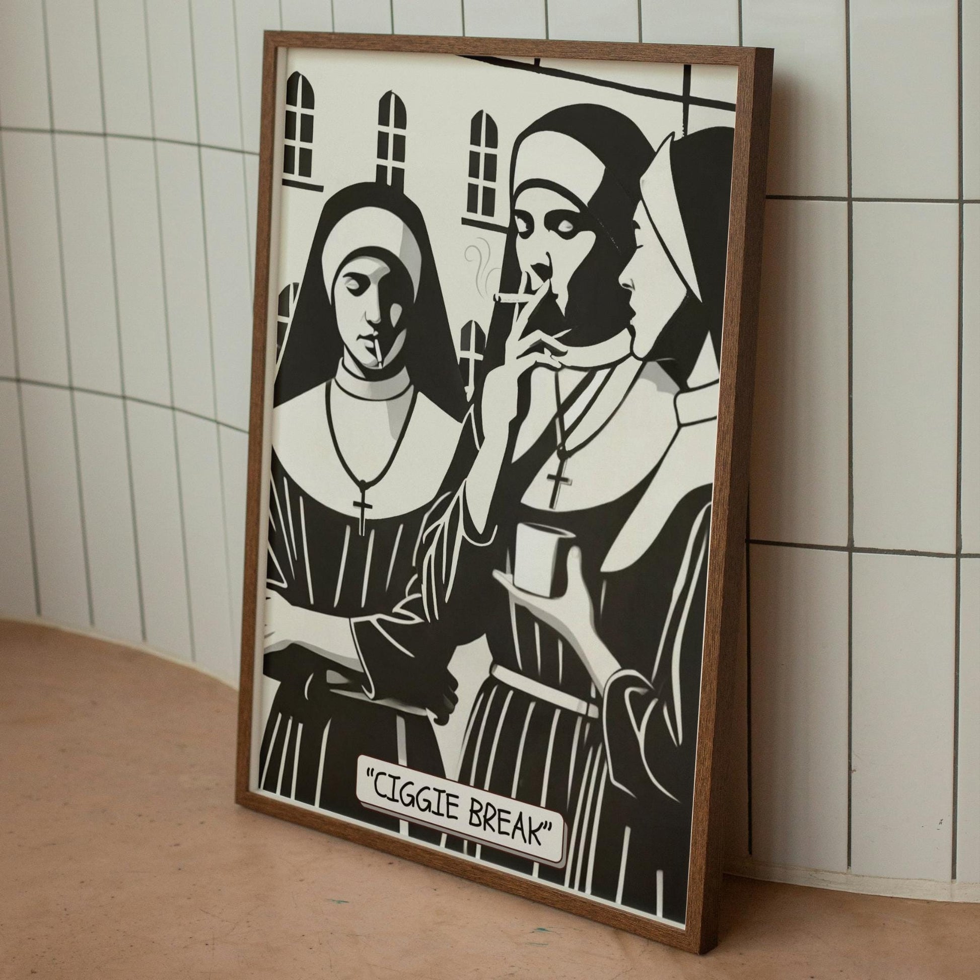 Nuns enjoying a casual smoke, in a print titled &#39;Ciggie Break,&#39; which humorously juxtaposes the piety of the Roman Catholic Church with the mundane