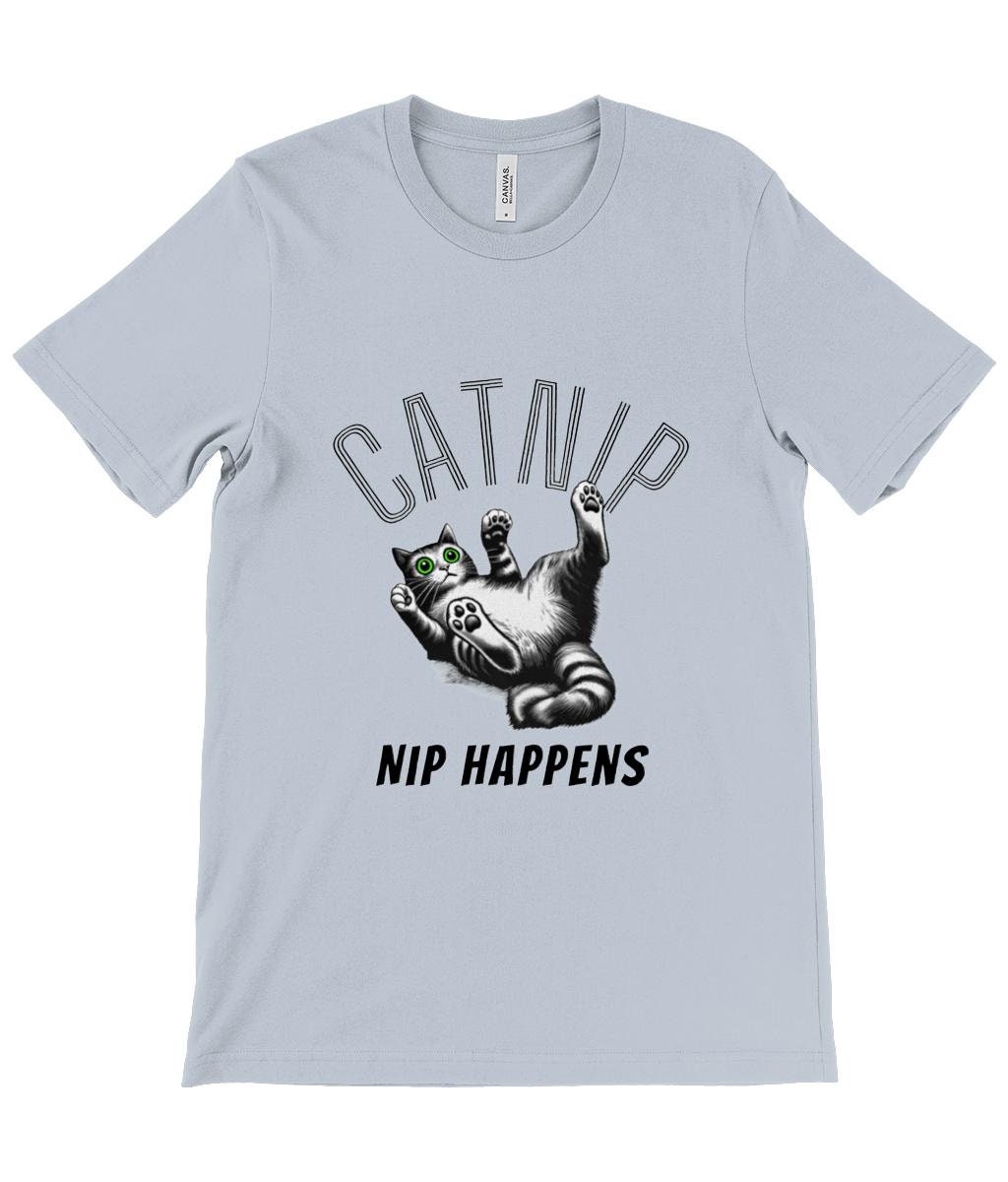 Cat t-shirt, lying on its back in a playful pose with the witty phrase NIP HAPPENS that is sure to bring a smile to anyone&#39;s face.
Available in a variety of colours including White, Pink, Light Blue, Ocean Blue, Soft Cream, Yellow, and Teal,