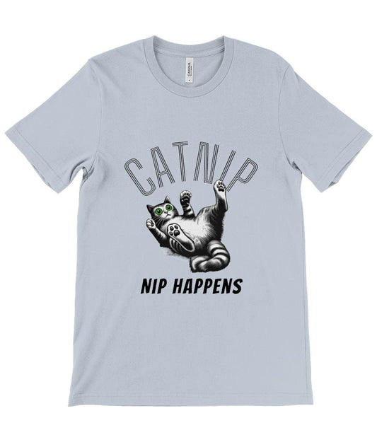 Cat t-shirt, lying on its back in a playful pose with the witty phrase NIP HAPPENS that is sure to bring a smile to anyone&#39;s face.
Available in a variety of colours including White, Pink, Light Blue, Ocean Blue, Soft Cream, Yellow, and Teal,