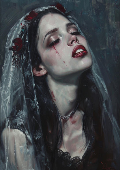 Vampire bride in gothic veil: Dark fantasy print with a haunting bride, ideal for gothic-themed spaces.