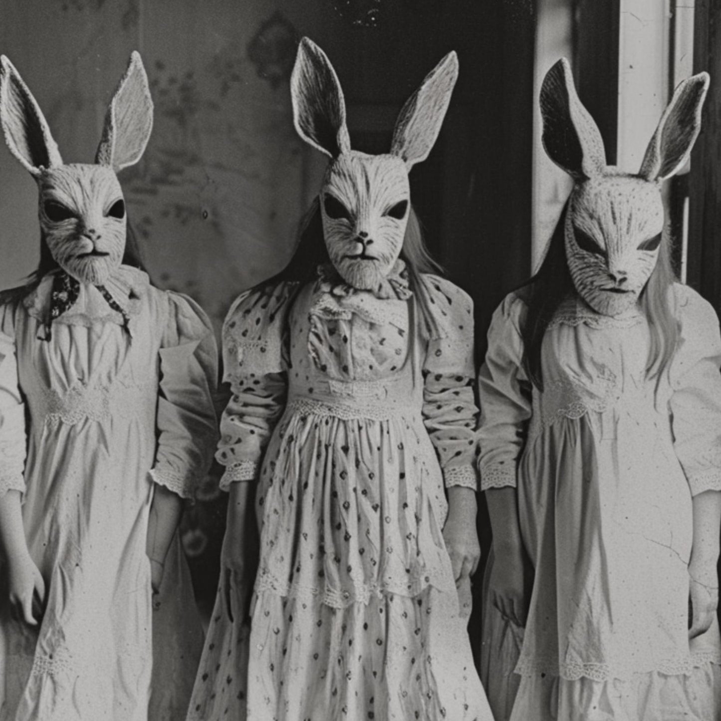 Enigmatic photograph of a trio in rabbit masks and period clothing, evoking themes of mystery and surrealism in a vintage style.