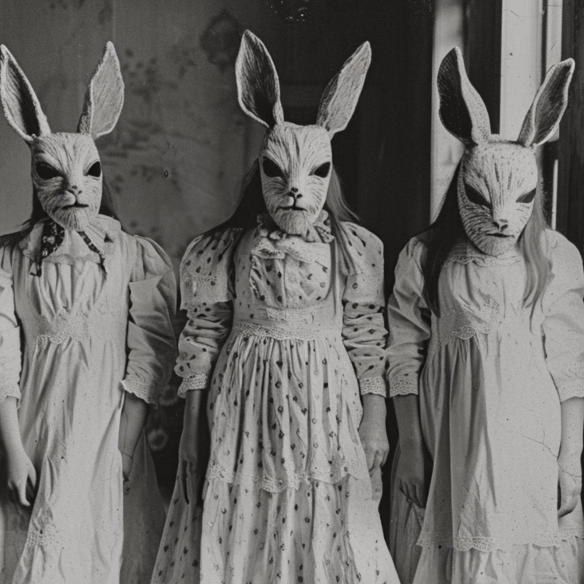 Enigmatic photograph of a trio in rabbit masks and period clothing, evoking themes of mystery and surrealism in a vintage style.