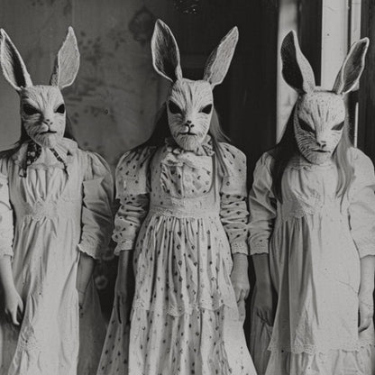 Enigmatic photograph of a trio in rabbit masks and period clothing, evoking themes of mystery and surrealism in a vintage style.