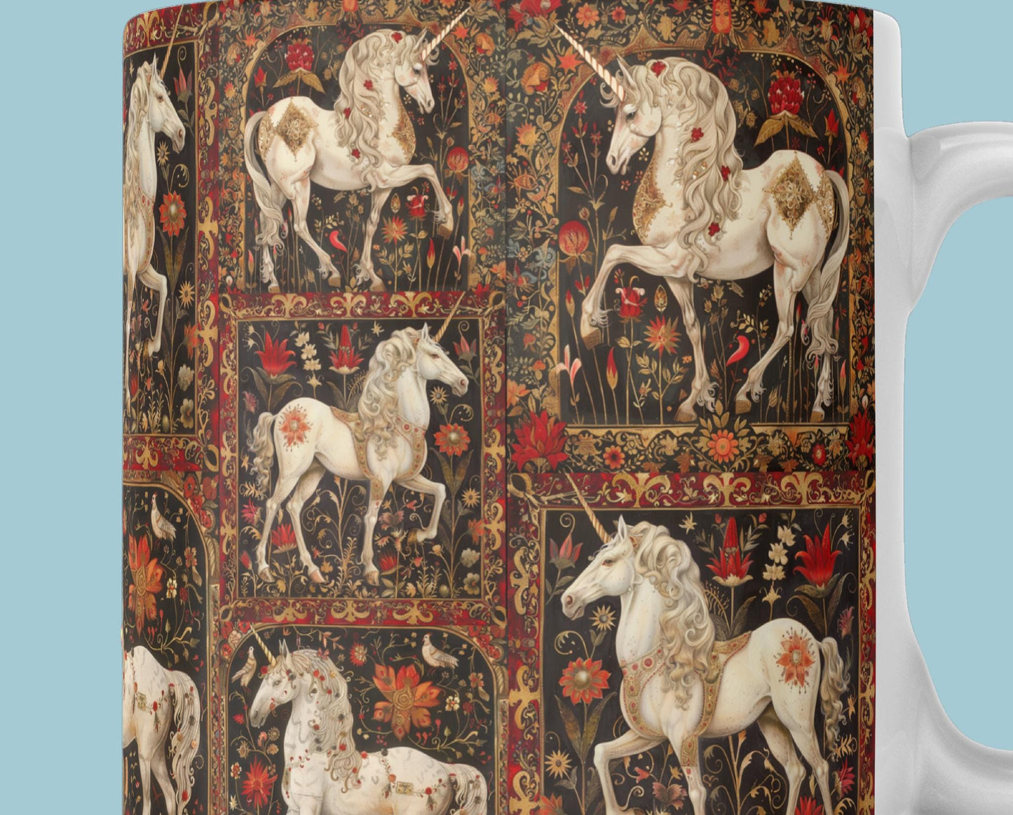 Unicorns and floral motifs on a tapestry-style mug, blending mythical themes with classic art.