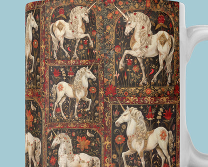 Unicorns and floral motifs on a tapestry-style mug, blending mythical themes with classic art.