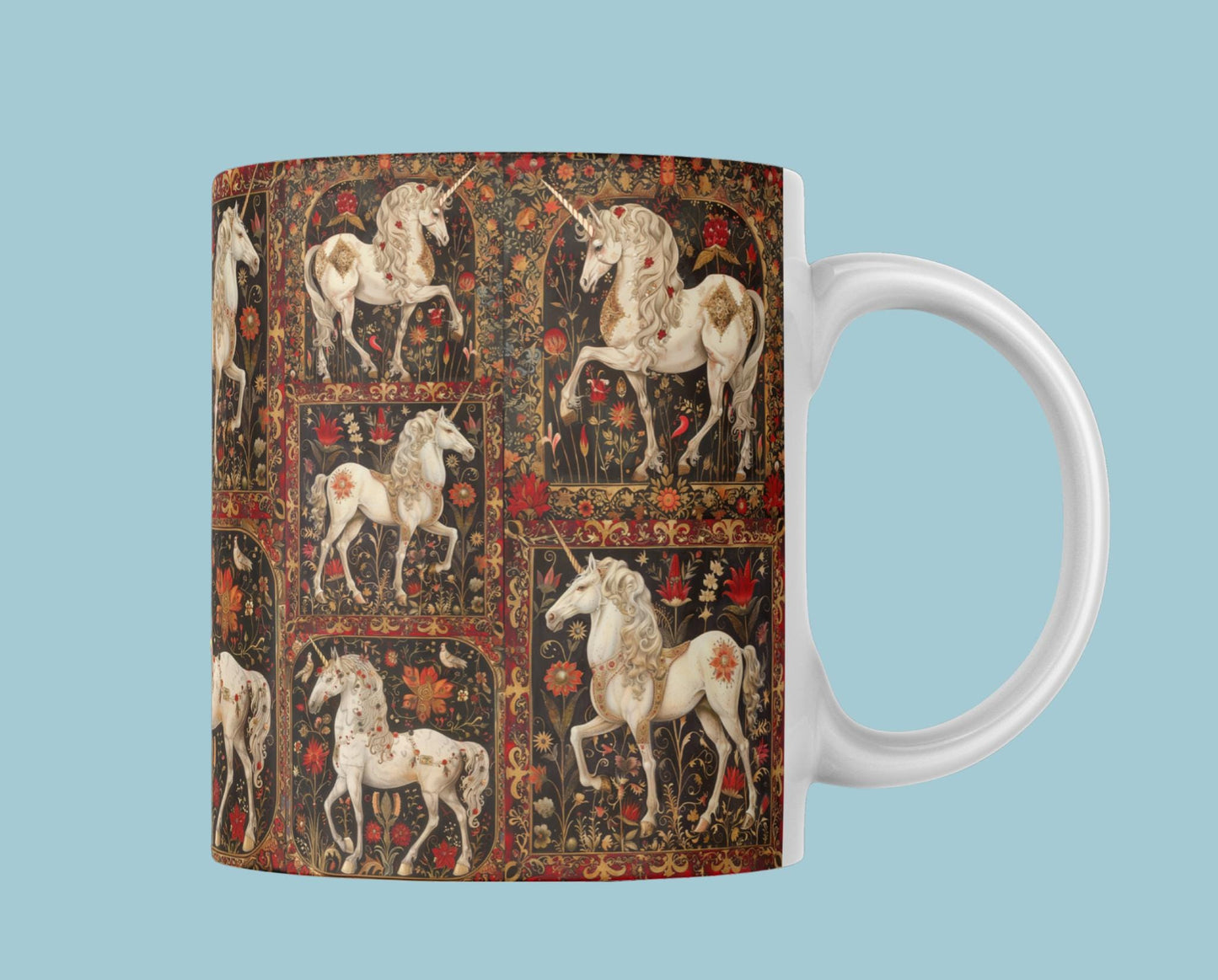 Mug featuring artistic unicorn illustrations with elaborate floral designs in a rich tapestry pattern.