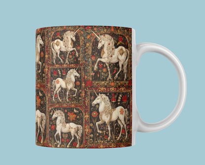 Mug featuring artistic unicorn illustrations with elaborate floral designs in a rich tapestry pattern.