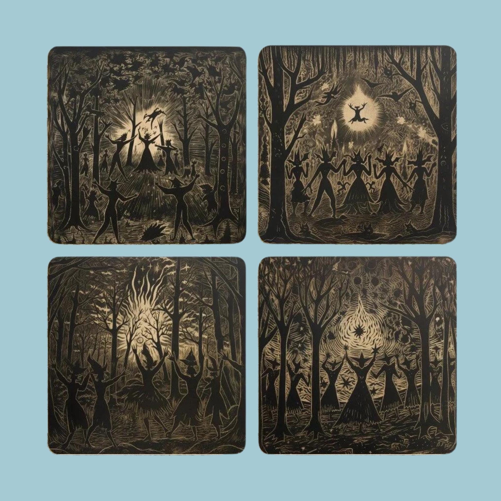 A set of coasters featuring folk art designs of witches dancing in a forest
