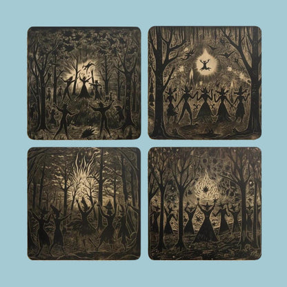 A set of coasters featuring folk art designs of witches dancing in a forest