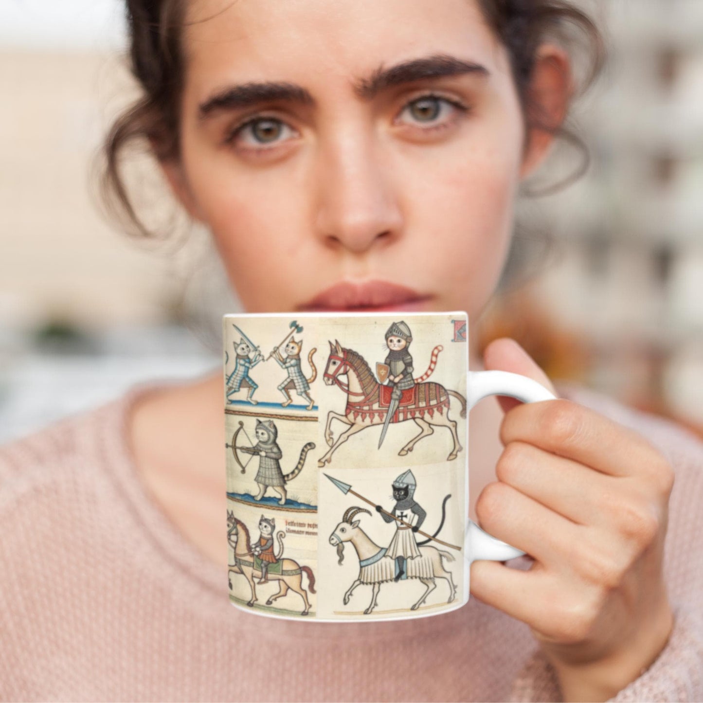 Medieval-style wrap-around design mug with knightly cats inspired by manuscript illustrations. Great for fans of medieval history, feline art, and humorous home decor.