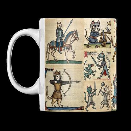 Ceramic mug with borderless medieval cat knight illustrations, blending historical art and humour. Ideal for those who love knights, cats, and medieval-inspired gifts