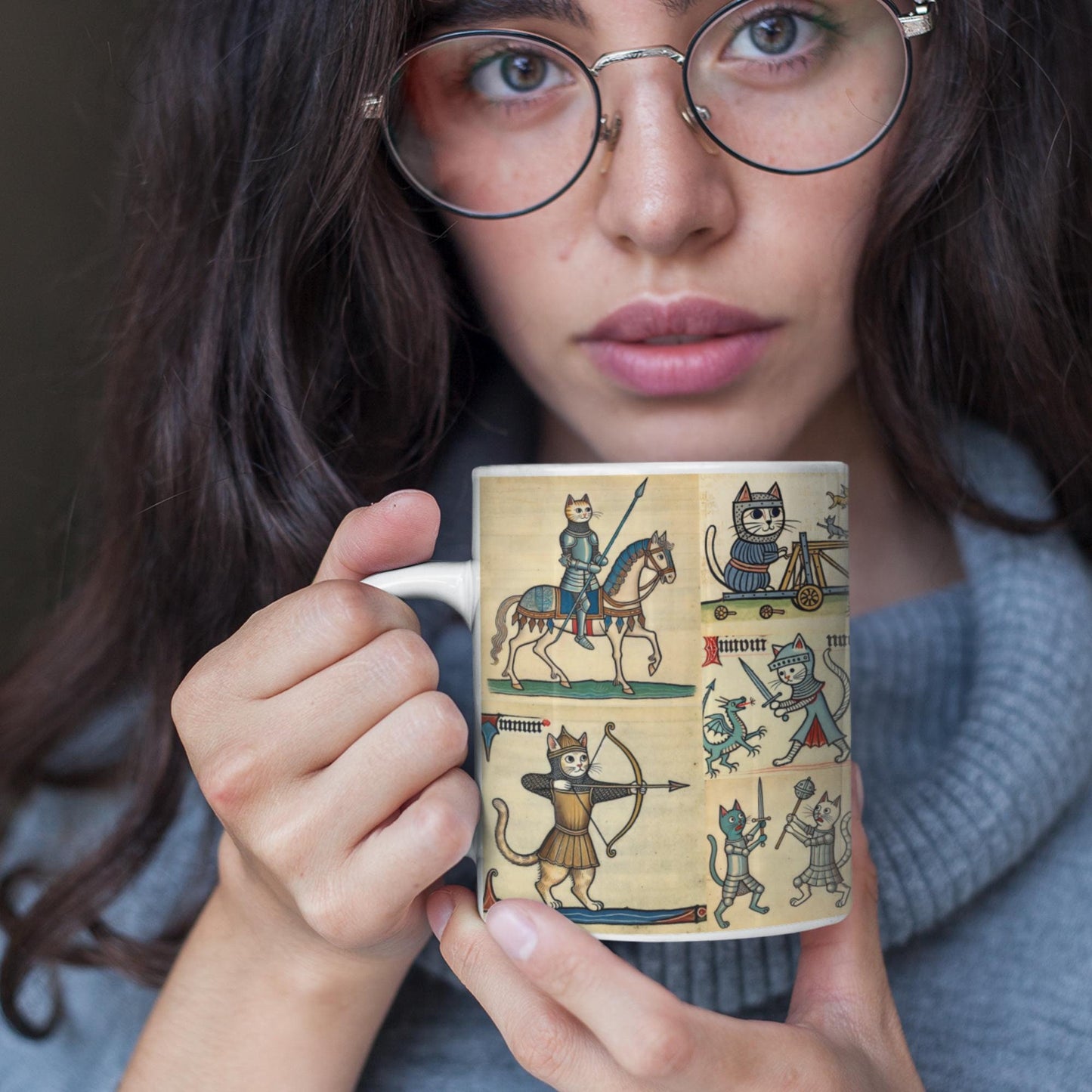Whimsical ceramic mug featuring medieval marginalia art of cats dressed as knights in armour. Perfect for cat lovers and history enthusiasts who enjoy unique and quirky gifts