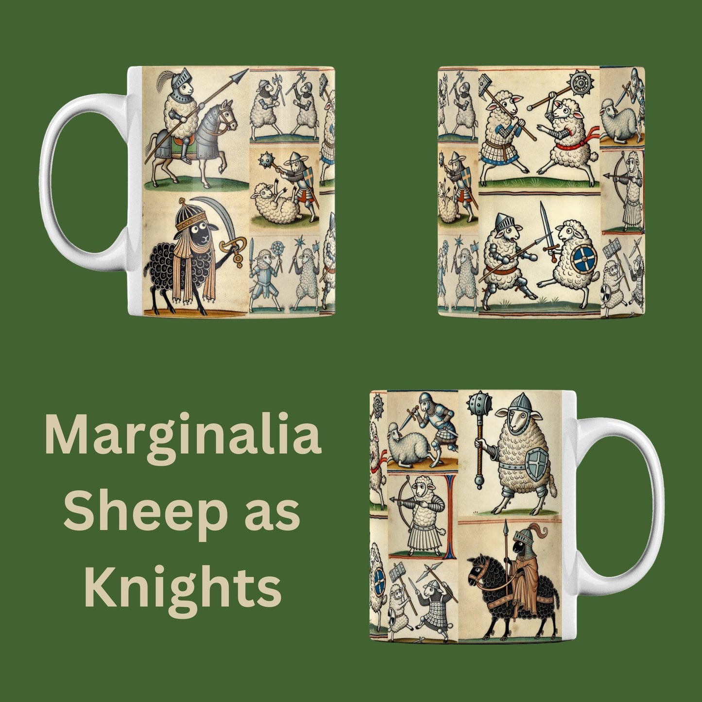 Medieval Sheep Knights design on a ceramic mug, featuring sheep dressed in knight armour with swords, shields, and maces in a whimsical medieval manuscript style.