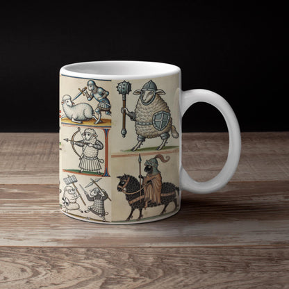 Medieval sheep knights mug
Funny medieval mug design
Marginalia art mug
Medieval manuscript style mug
Sheep in armor mug
Knight sheep coffee mug