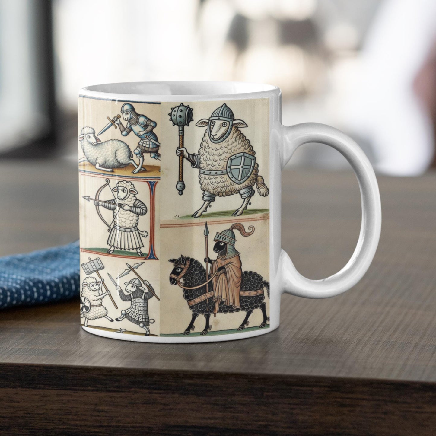 Illustration of armoured sheep fighting with swords, maces, and bows, styled like a medieval manuscript on an 11 oz ceramic mug