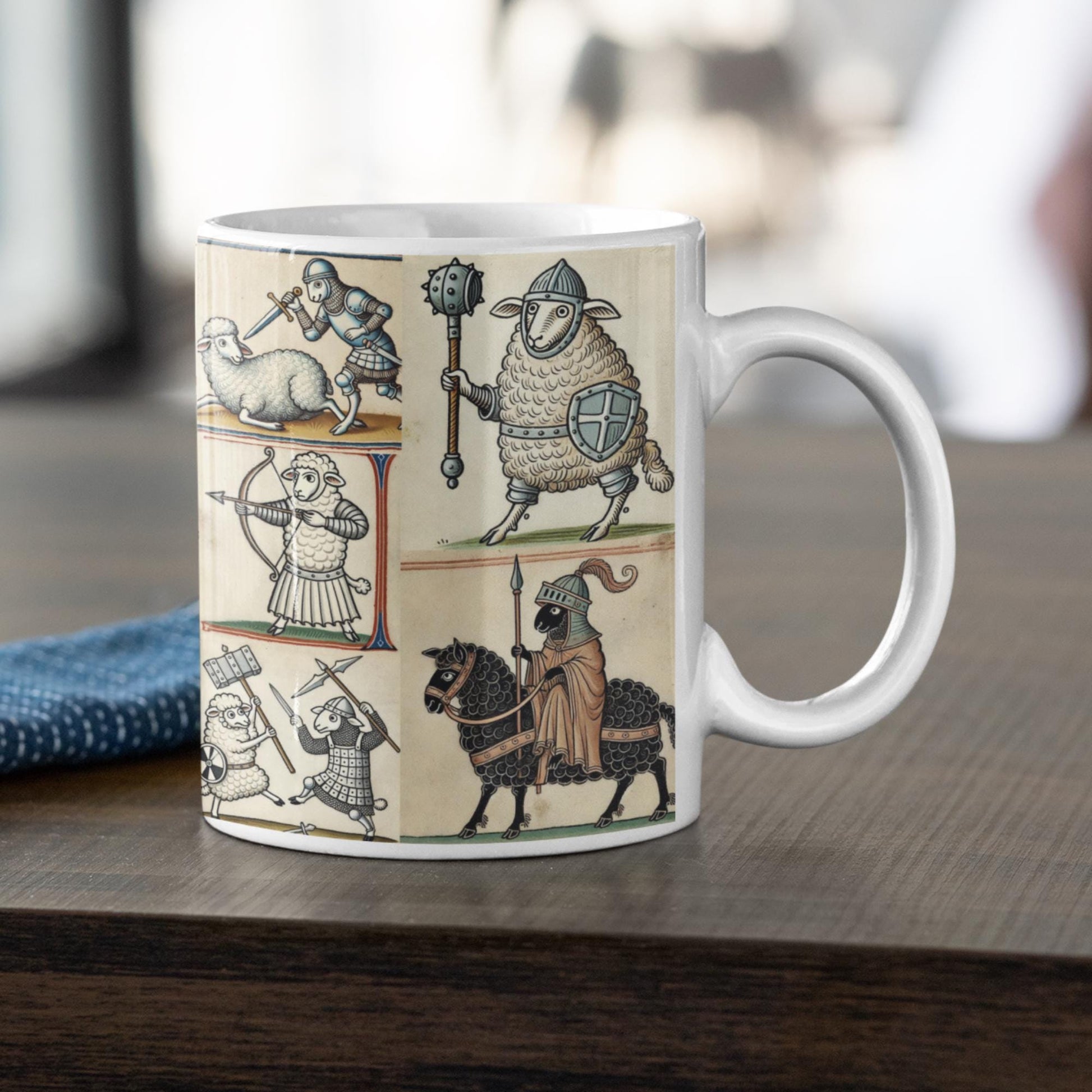Illustration of armoured sheep fighting with swords, maces, and bows, styled like a medieval manuscript on an 11 oz ceramic mug