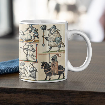 Illustration of armoured sheep fighting with swords, maces, and bows, styled like a medieval manuscript on an 11 oz ceramic mug